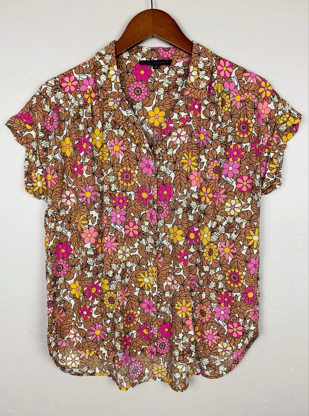 Jane & Delancey Blouse Short Sleeve Shirt Pink Yellow Floral Metallic Women's L